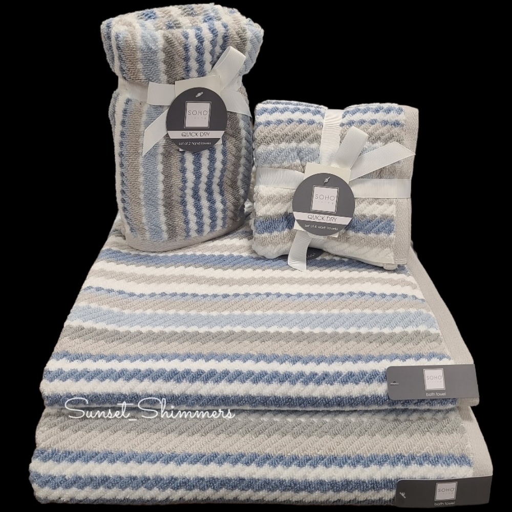 8pc Soho Living 2 Bath 2 Hand 4 Washcloth Set Rope Striped Blue Gray Towels